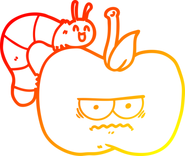 Bir insan tarafından çizilmiş huysuz bir elma ve tırtılın sıcak çizgi çizimi