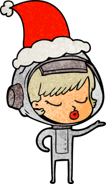 Bir insan tarafından çizilmiş Noel Baba şapkası giyen güzel bir astronot kızın el çizimi karikatürü.