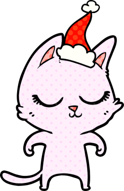 Sakin bir el çizimi çizgi roman tarzı Noel Baba şapkası takan bir kedinin bir insan tarafından çizilmiş resmi.