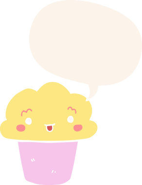 Bir insan tarafından çizilmiş, yüzü konuşma baloncuğu olan çizgi film keki.