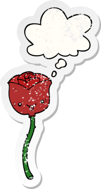 Düşünce baloncuğu olan karikatür çiçeği insan tarafından çizilmiş yıpranmış bir çıkartma gibi.