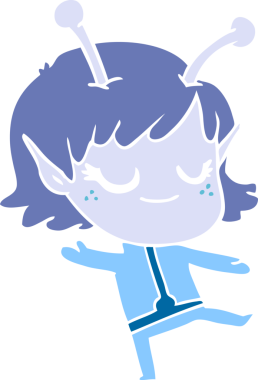 Gülümseyen uzaylı kız düz renkli çizgi film bir insan tarafından çizildi.