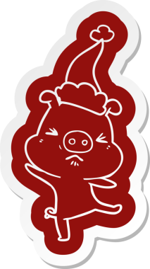 Bir insan tarafından çizilmiş Noel Baba şapkası giyen öfkeli bir domuzun garip çizgi film etiketi.