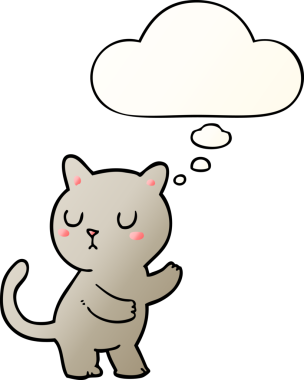 Bir insan tarafından çizilmiş yumuşak eğimli düşünce baloncuklu çizgi film kedisi.