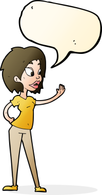 Bir insan tarafından çizilmiş bir konuşma balonuyla el sallayan çizgi film kadını.