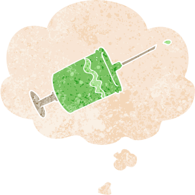 Düşünce baloncuğu ile çizgi film şırıngası grunge sıkıntılı retro dokuma tarzı bir insan tarafından çizilmiş