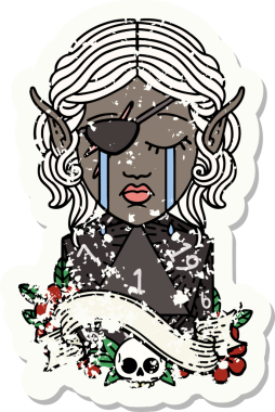 Retro Dövme Tarzı Hüzünlü elf karakteri yüzü ve bir insan tarafından çizilmiş bir d20 rulosu.