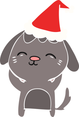 Bir insan tarafından çizilmiş Noel Baba şapkası takan bir köpeğin düz renkli çizimi.
