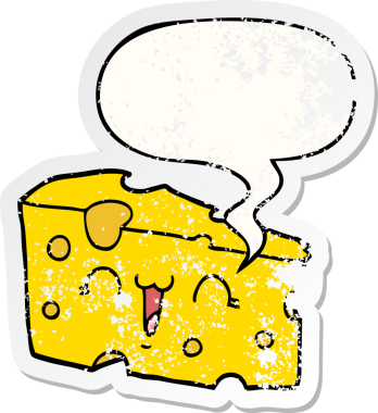 Konuşma baloncuklu çizgi film peyniri bir insan tarafından çizilmiş sıkıntılı eski bir çıkartma