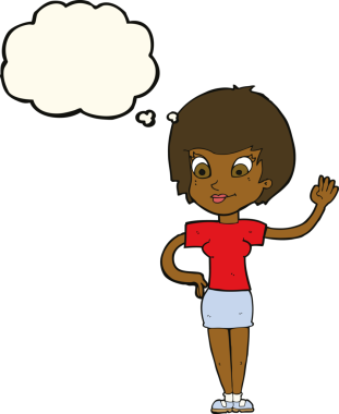 Bir insan tarafından çizilmiş düşünce baloncuğuyla el sallayan çizgi film kadını.