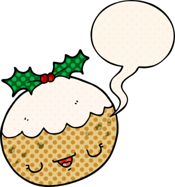 Bir insan tarafından çizilmiş çizgi roman tarzında konuşma baloncuklu tatlı çizgi film pudingi.