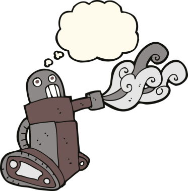 Bir insan tarafından çizilmiş düşünce baloncuklu çizgi film tankı robotu.