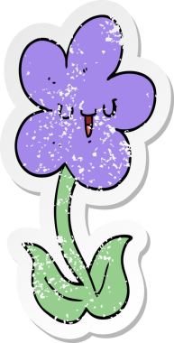 Bir insan tarafından çizilmiş mutlu yüzlü karikatür çiçeğinin sıkıntılı çıkartması.