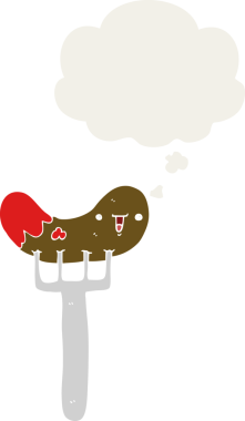 Düşünce baloncuklu sosis ve çatal bir insan tarafından çizilmiş.