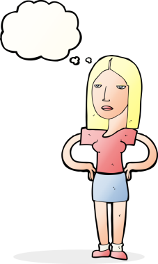 Bir insan tarafından çizilmiş düşünce baloncuğu olan elleri kalçasında çizgi film kadını.