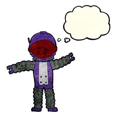 Bir insan tarafından çizilmiş düşünce baloncuklu astronot.