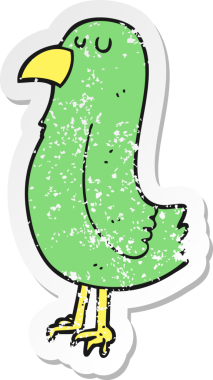 Bir insanın çizdiği karikatür papağanının kederli retro yapıştırması.