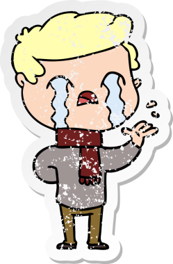 Bir insan tarafından çizilmiş kış eşarbı takmış, ağlayan bir çizgi film karakterinin sıkıntılı çıkartması.