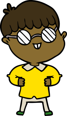 Bir insan tarafından çizilmiş gözlük takan çizgi film çocuğu.