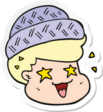 Bir insan tarafından çizilmiş şapka giyen bir çizgi film çocuğunun çıkartması.