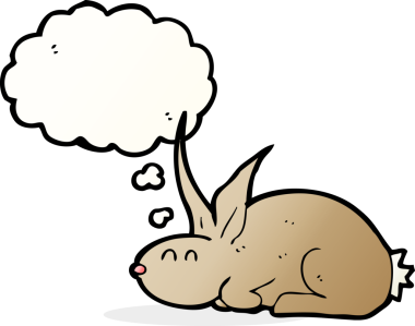 Bir insan tarafından çizilmiş düşünce kabarcığı olan çizgi film tavşanı.