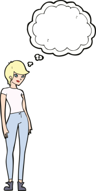 Bir insan tarafından çizilmiş düşünce baloncuğu olan modern çekici bir kadın.