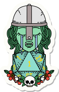 Ağlayan bir Ork savaşçı karakterinin çıkartması. Bir insan tarafından çizilmiş doğal bir D20 rulosu var.