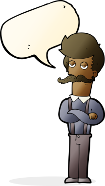 Bir insan tarafından çizilmiş konuşma balonlu bıyıklı bir çizgi film adamı.