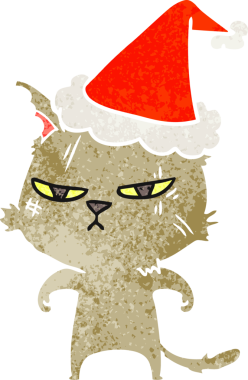 Sert el, bir insan tarafından çizilmiş Noel Baba şapkası takan bir kedinin eski çizgi filmini çizdi.