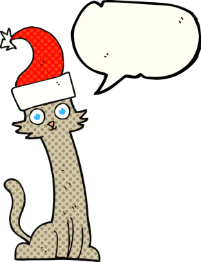 Bir insan tarafından çizilmiş Noel şapkasındaki çizgi film kedisi.