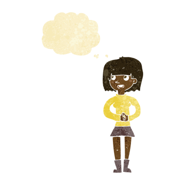 Bir insan tarafından çizilmiş düşünce baloncuğu olan çizgi film dostu kadın.