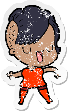 Hipster saç kesimi bir insan tarafından çizilmiş tatlı bir çizgi film kızına ait sıkıntılı bir etiket.