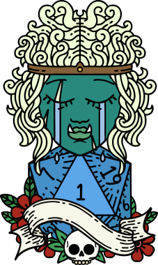 Retro Dövme Tarzı Ağlayan Ork barbar karakter yüzü ve bir insan tarafından çizilmiş doğal bir D20 rulo