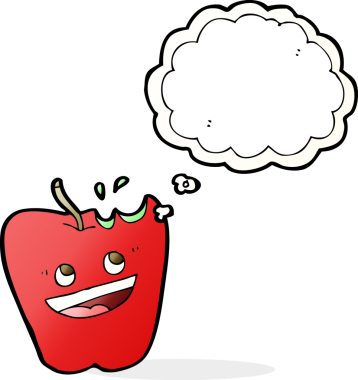 Bir insan tarafından çizilmiş düşünce baloncuklu mutlu elma çizgi filmi