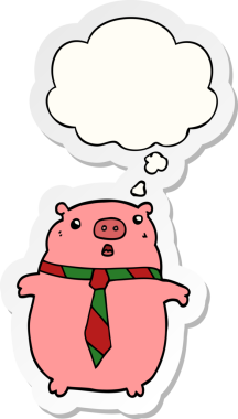 Bir insan tarafından çizilmiş bir çıkartma olarak düşünce balonlu ofis kravatını takan bir domuz.