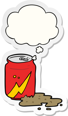 İnsan tarafından çizilmiş bir çıkartma olarak düşünce baloncuğu olan karikatür soda kutusu.