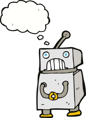 Bir insan tarafından çizilmiş düşünce baloncuklu çizgi film robotu