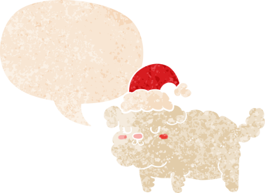 Grunge 'da konuşma baloncuğu olan sevimli noel köpeği bir insan tarafından çizilmiş kederli retro dokuma tarzı