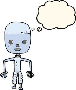 Bir insan tarafından çizilmiş düşünce baloncuklu çizgi film robotu