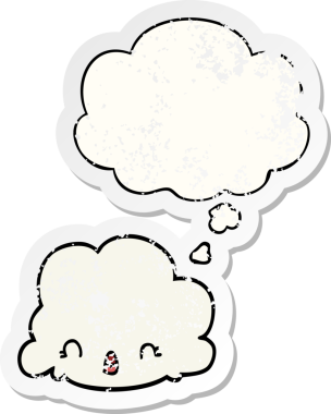 Düşünce baloncuklu karikatür bulutu bir insan tarafından çizilmiş yıpranmış bir çıkartma gibi.