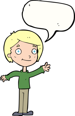 Bir insan tarafından çizilmiş konuşma balonu olan mutlu bir çocuk.