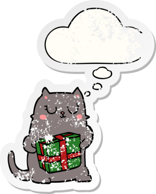 Düşünce baloncuklu çizgi film kedisi insan tarafından çizilmiş yıpranmış bir çıkartma.