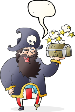 Bir insan tarafından çizilmiş hazine sandığı olan serbest konuşma balonu karikatürü korsan kaptanı