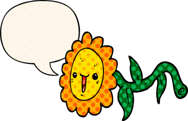 Bir insan tarafından çizilmiş çizgi roman tarzında konuşma baloncuğu olan karikatür çiçeği.