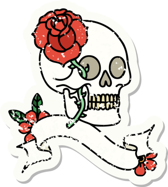 Bir insan tarafından çizilmiş kafatası ve gülü olan eski bir etiket.
