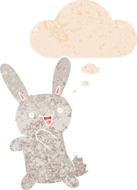 Düşünce baloncuklu çizgi film tavşanı grunge dertli eski moda bir insan tarafından çizilmiş.