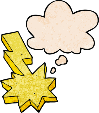 Bir insan tarafından çizilmiş grunge desenli düşünce baloncuğu olan çizgi film yıldırımı.