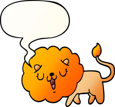 Bir insan tarafından çizilmiş tatlı çizgi film aslanı konuşma baloncuğu gibi yumuşak bir gradyan tarzı var.