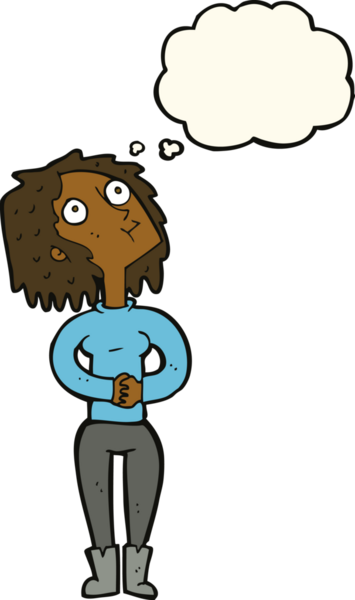 Bir insan tarafından çizilmiş düşünce baloncuğuyla yukarı bakan çizgi film kadını.