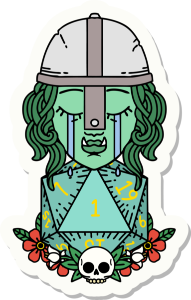 Ağlayan bir Ork savaşçı karakterinin çıkartması. Bir insan tarafından çizilmiş doğal bir D20 rulosu var.